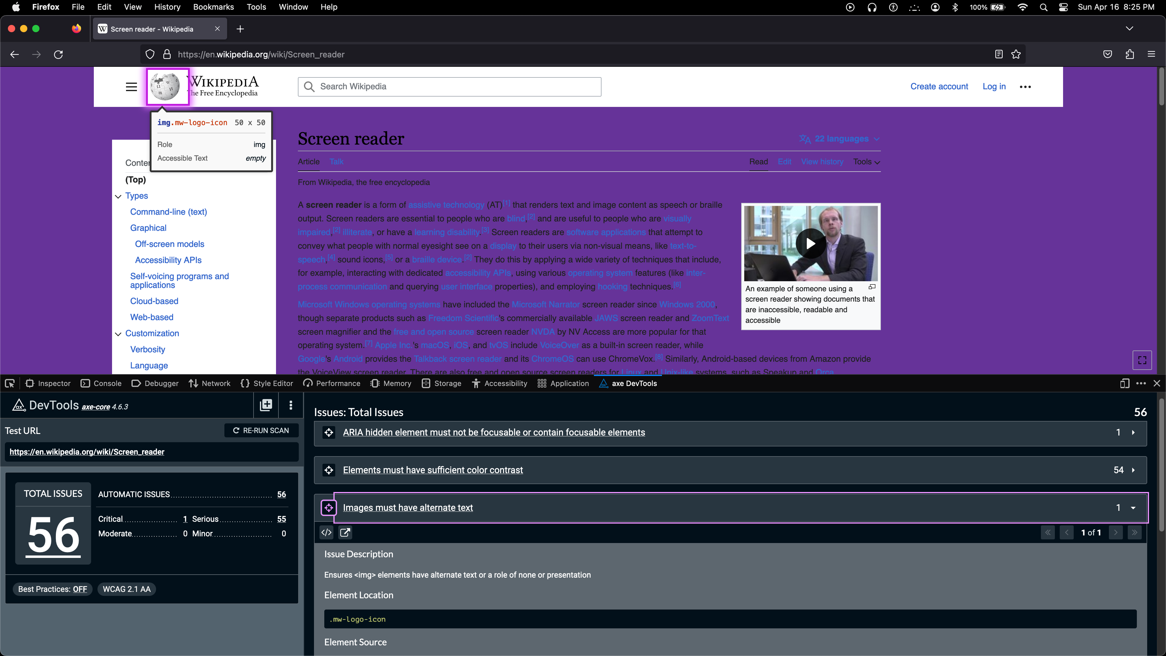 A screenshot of Axe devtools results on Firefox. The page HTML and CSS were   hacked on purpose in order to trigger issues such as missing alt text and contrast issues.
