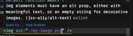 Screenshot of an ESLint error in VsCode hilighting a missing alt text when using img tag.