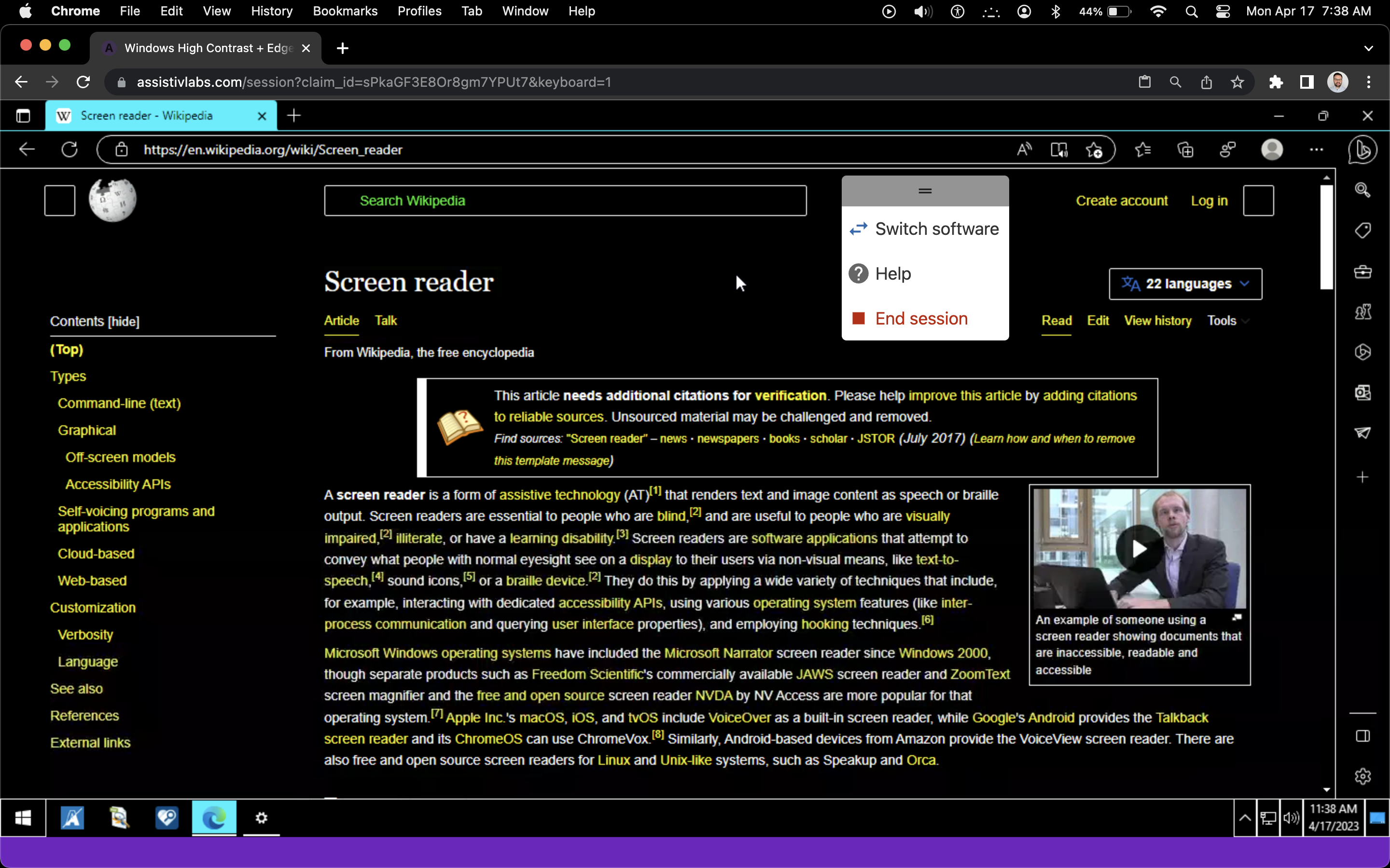 A screenshot of an Assistiv Labs session loading Wikipedia on Windows Edge with the high contrast mode on.