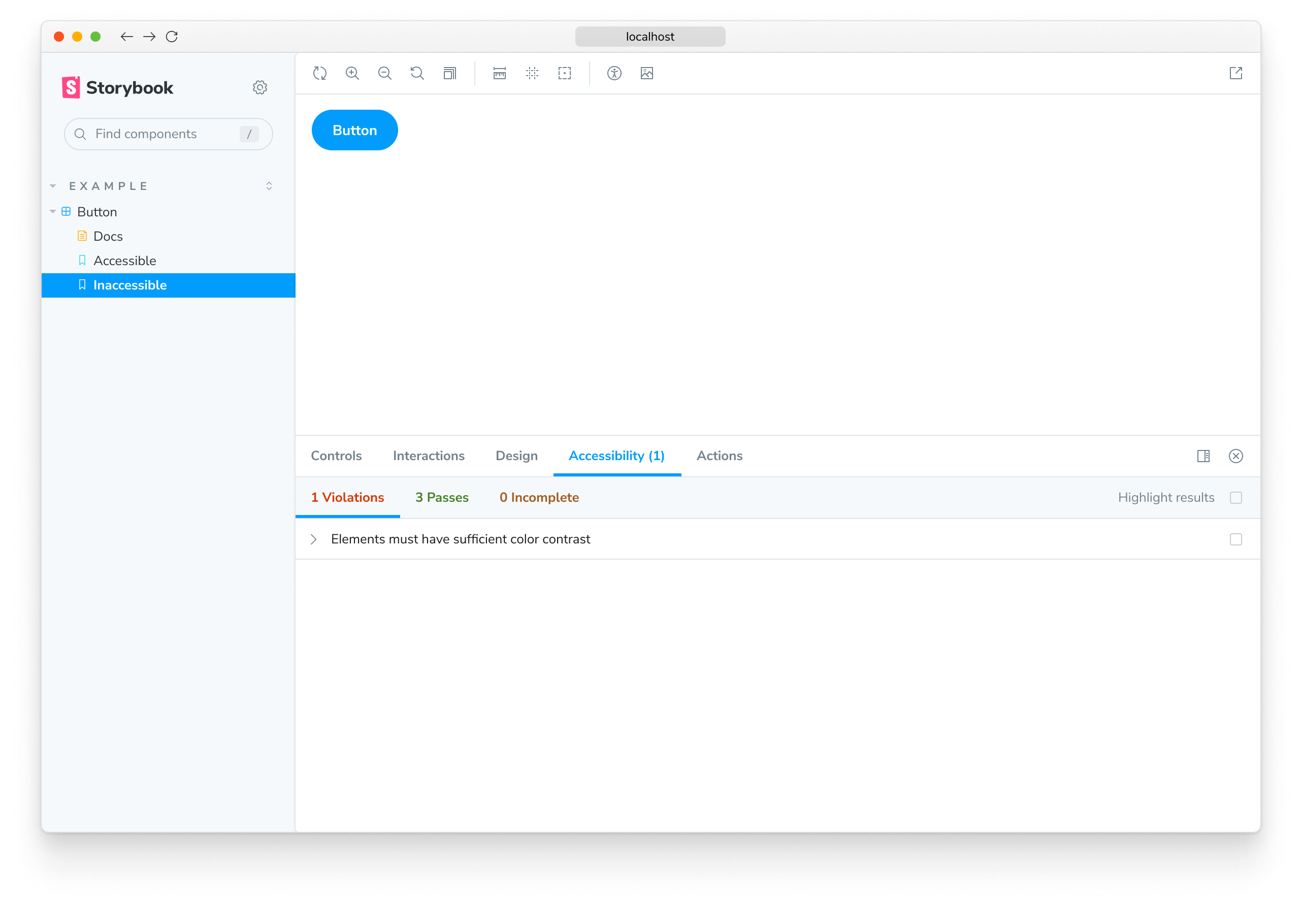 A screenshot of a Storybook Button story and its accessibility report.
