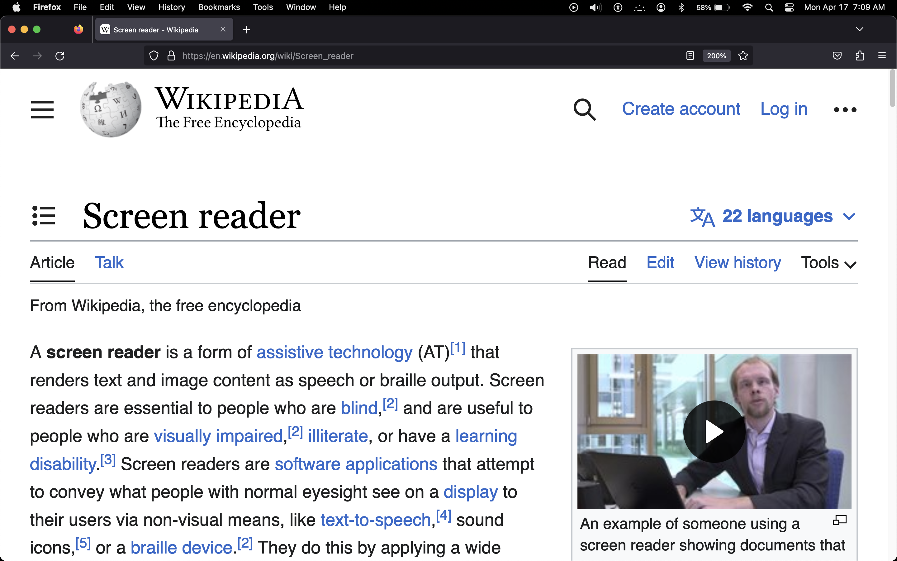 Screenshot of the default Firefox zoom set to 200% on Wikipedia