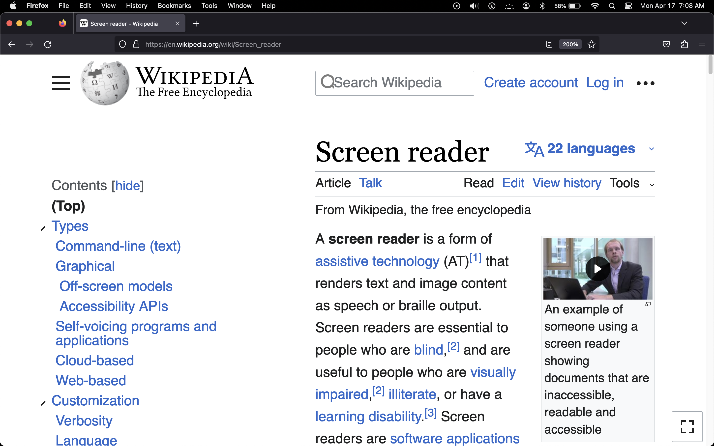 Screenshot of the text only Firefox zoom set to 200% on Wikipedia